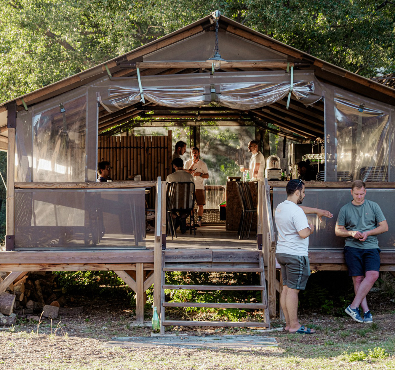 enclosed ecolodge with integrated kitchen area