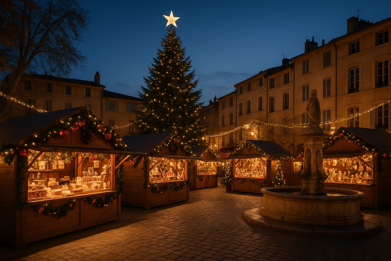 Les stands d'un marché de Noël en Provence