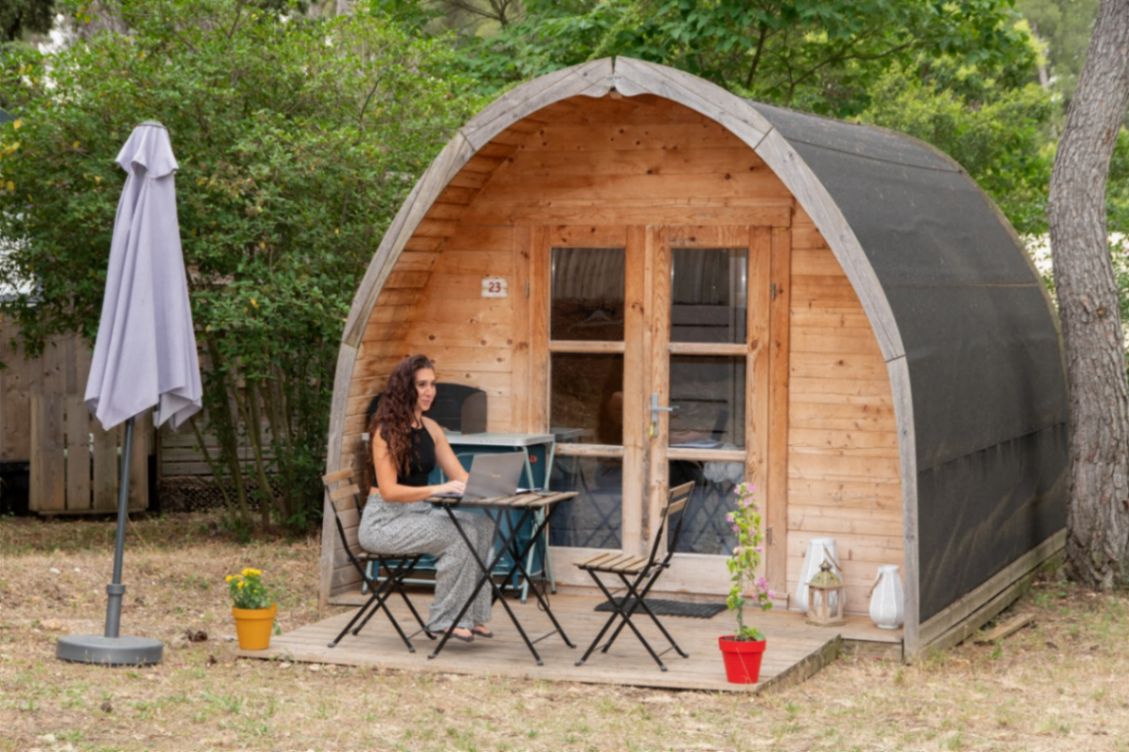 Wooden cabin with bathroom
