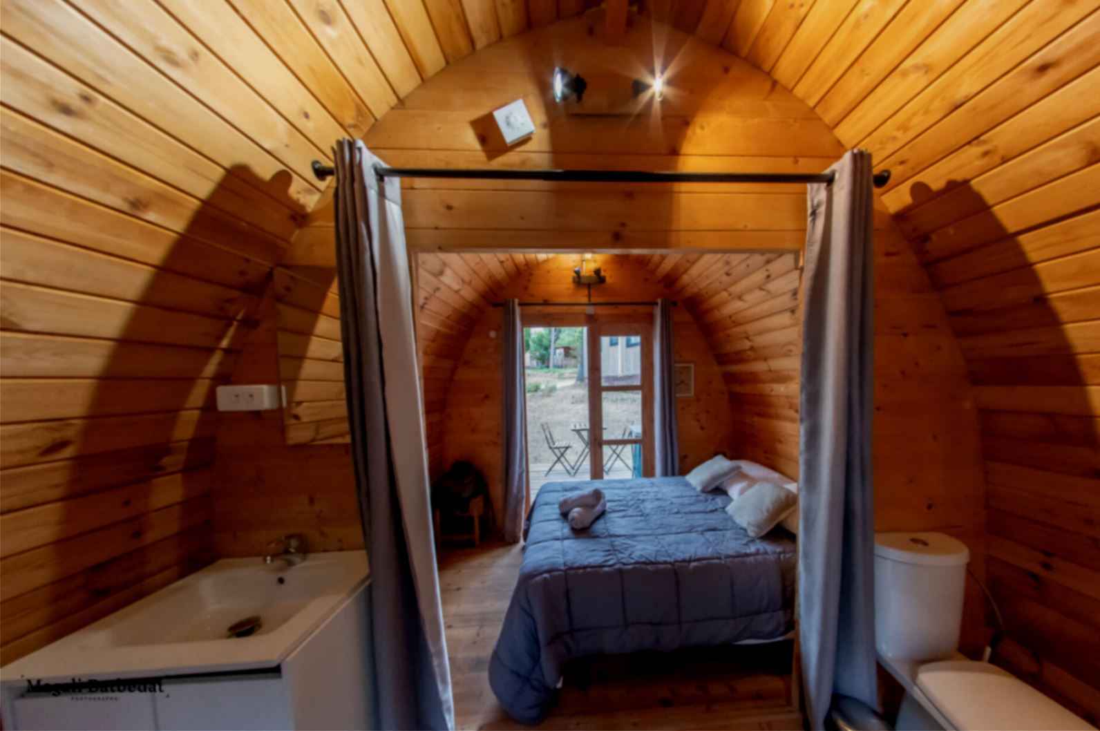 Wooden cabin with bathroom